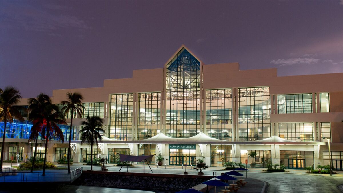 Historical evening photograph of Broward County Convention Center in Fort Lauderdale, not the 2026 CHAMPS show.