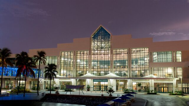 Historical evening photograph of Broward County Convention Center in Fort Lauderdale, not the 2026 CHAMPS show.