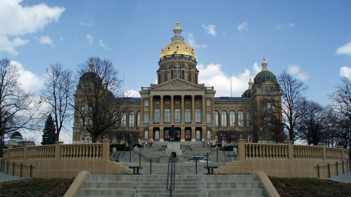 The Iowa State Capitol in Des Moines, with its gold central dome and entrance steps