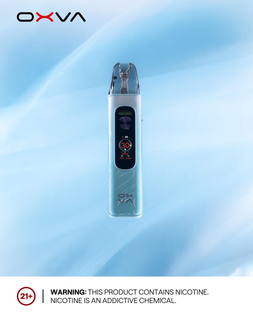 A blue OXVA XLIM PRO 4 photographed on a blue background, with the manufacturer's nicotine warning below