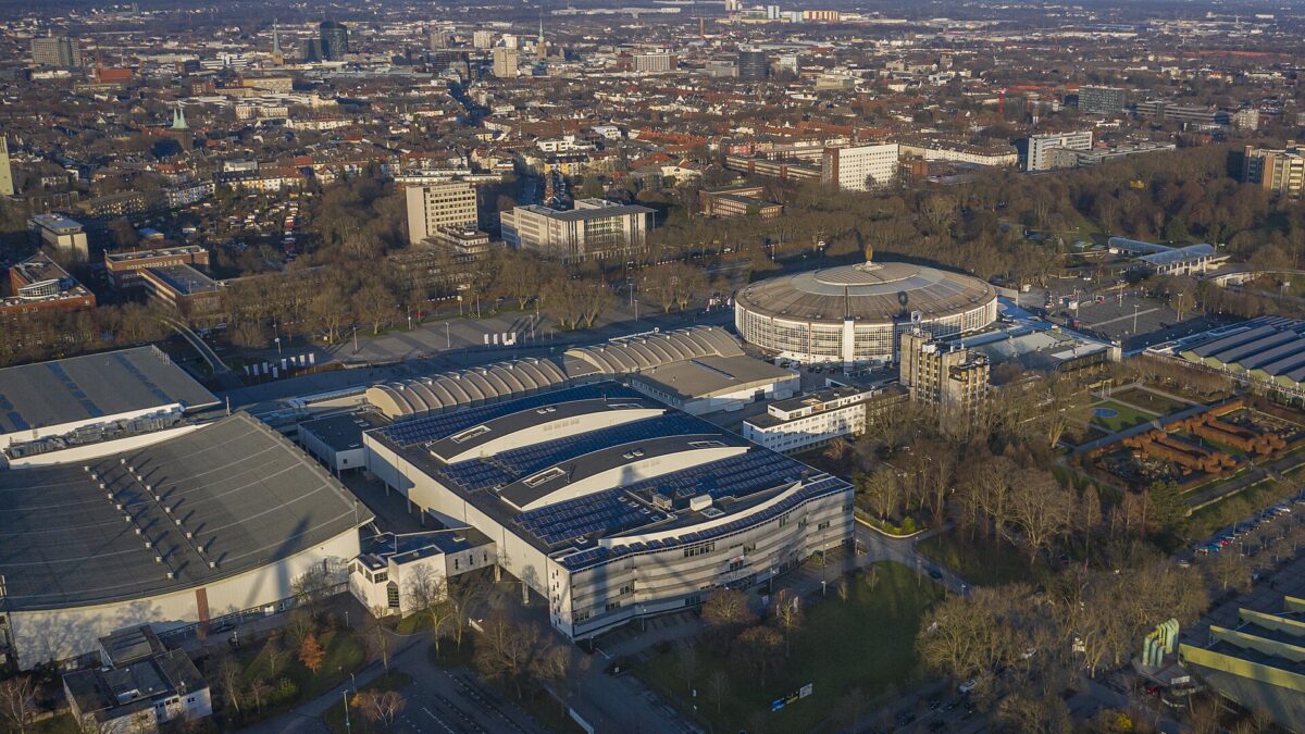 Aerial view of the Messe Dortmund and Westfalenhallen exhibition complex