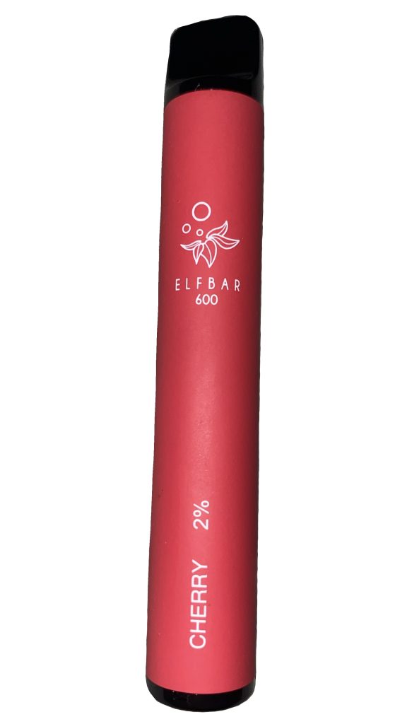 Historical 2023 photograph of a red cherry ELFBAR 600 single-use device with black mouthpiece.
