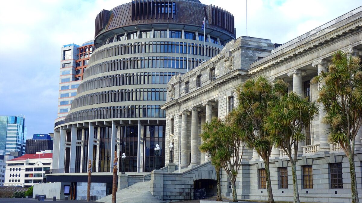 The Beehive and Parliament House in Wellington, photographed on 14 October 2024