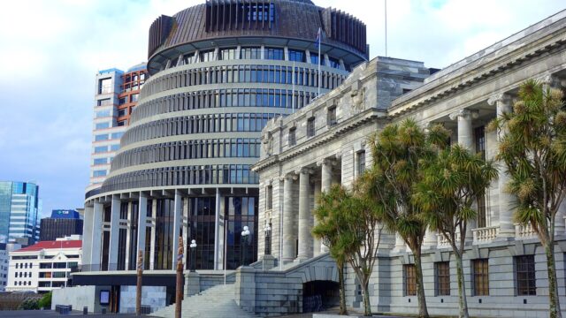 The Beehive and Parliament House in Wellington, photographed on 14 October 2024