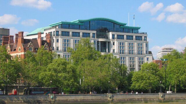 Globe House, British American Tobacco's London headquarters, viewed from the River Thames on 15 May 2005
