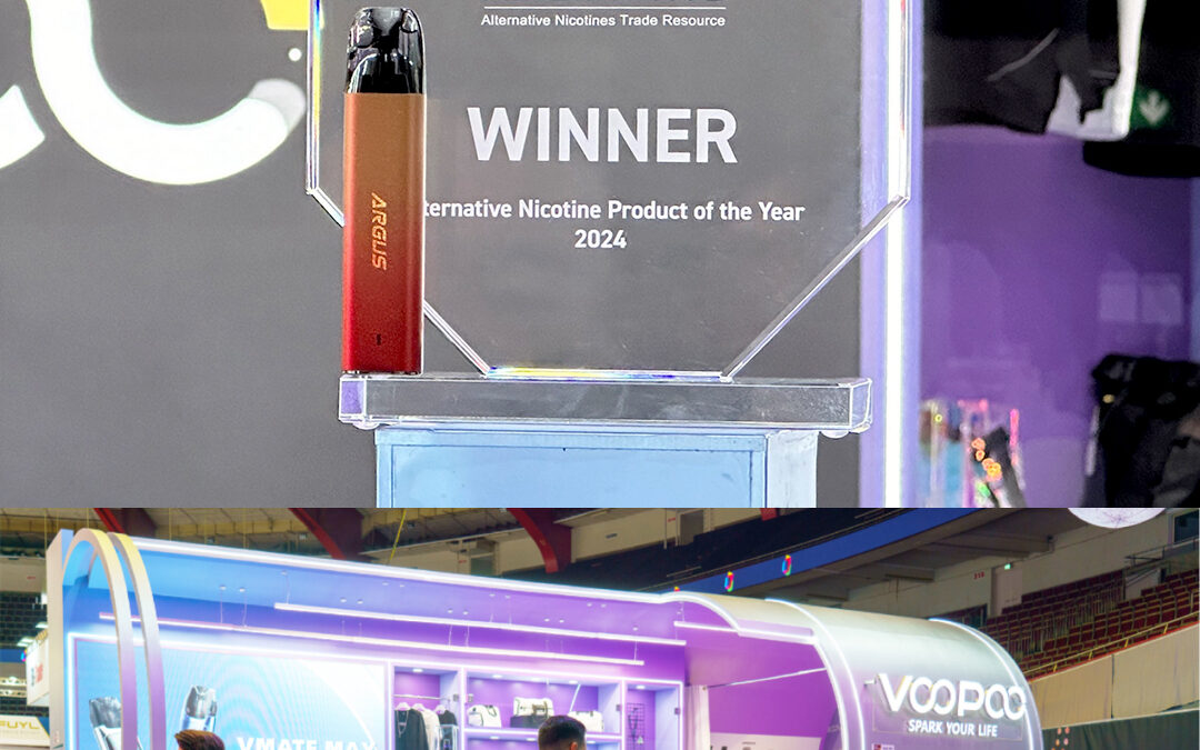An ARGUS G2 mini beside an InterTabac 2024 award, above a photograph of VOOPOO's exhibition stand.