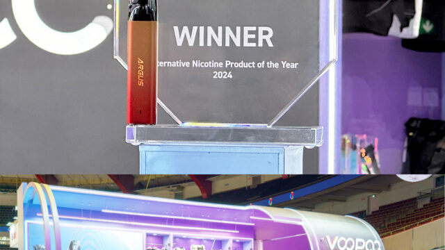 An ARGUS G2 mini beside an InterTabac 2024 award, above a photograph of VOOPOO's exhibition stand.